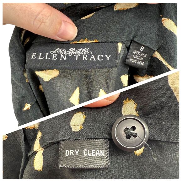 Linda Allard Ellen Tracy Silk Blouse Size 8 Boxy Abstract Collared Button Top - Picture 13 of 13